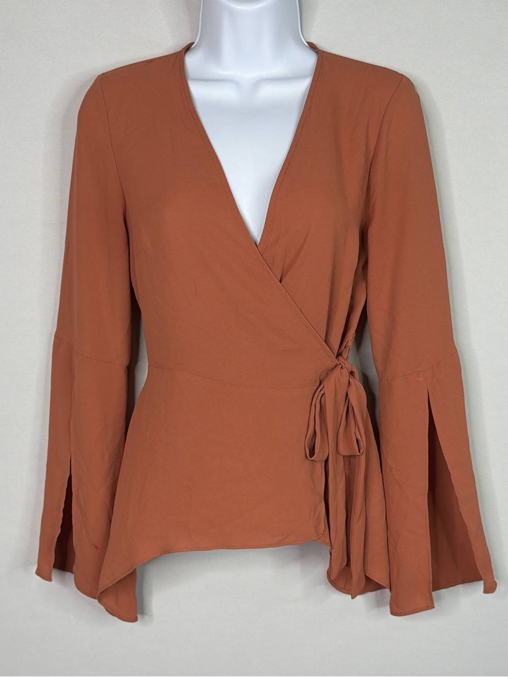BCBGMAXAZRIA BELL sleeve Rust Wrap Blouse with Tie Waist